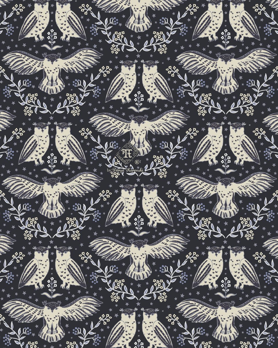 My submission to @Spoonflower Birds of Prey challenge - Night Owls. Couldn't settle for a final color for a while - made a bunch! Will show them soon, stay tuned! This one is charcoal-cream.
spoonflower.com/collections/72…
#surfacepattern #surfacedesign #licensedartist #daryakarenski