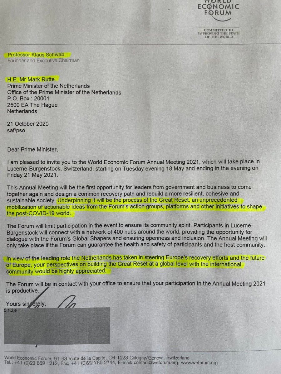 Dieser Brief von Klaus Schwab, Vorsitzender des #WEF, an den niederländischen Ministerpräsidenten Mark Rutte von vor 3 Jahren wurde aktuell veröffentlicht. Diese Postalie belegt zweifelsfrei, wie tief K. Schwab in das  Regierungsgeschehen verschiedener Länder einzugreifen…
