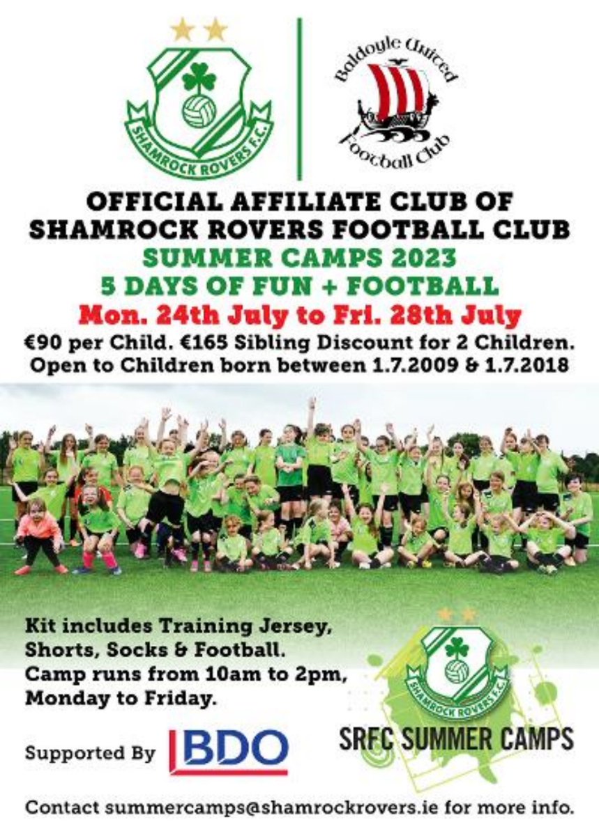 ☘ Shamrock Rovers Summer Camp is back in Baldoyle!

This JULY. Places filling up so book at: shamrockrovers.ie/summer-camps/

@StLaurences_NS @StapolinETNS
@aon1957 @BaysideSns @BelmayneEtss