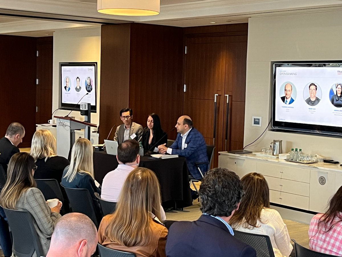 ElecTranAssoc's tweet photo. #TRANSACTTech just concluded an informative panel on open banking led by Vladimir Shatiryan, Partner, @BlakesLaw; Mark Sam, Head of Canada, @Plaid; and Hanna Zaidi, Chief Compliance Officer, @Wealthsimple for discussing how open banking is changing the world of payments as an increasing number of consumers are tapping into these systems.