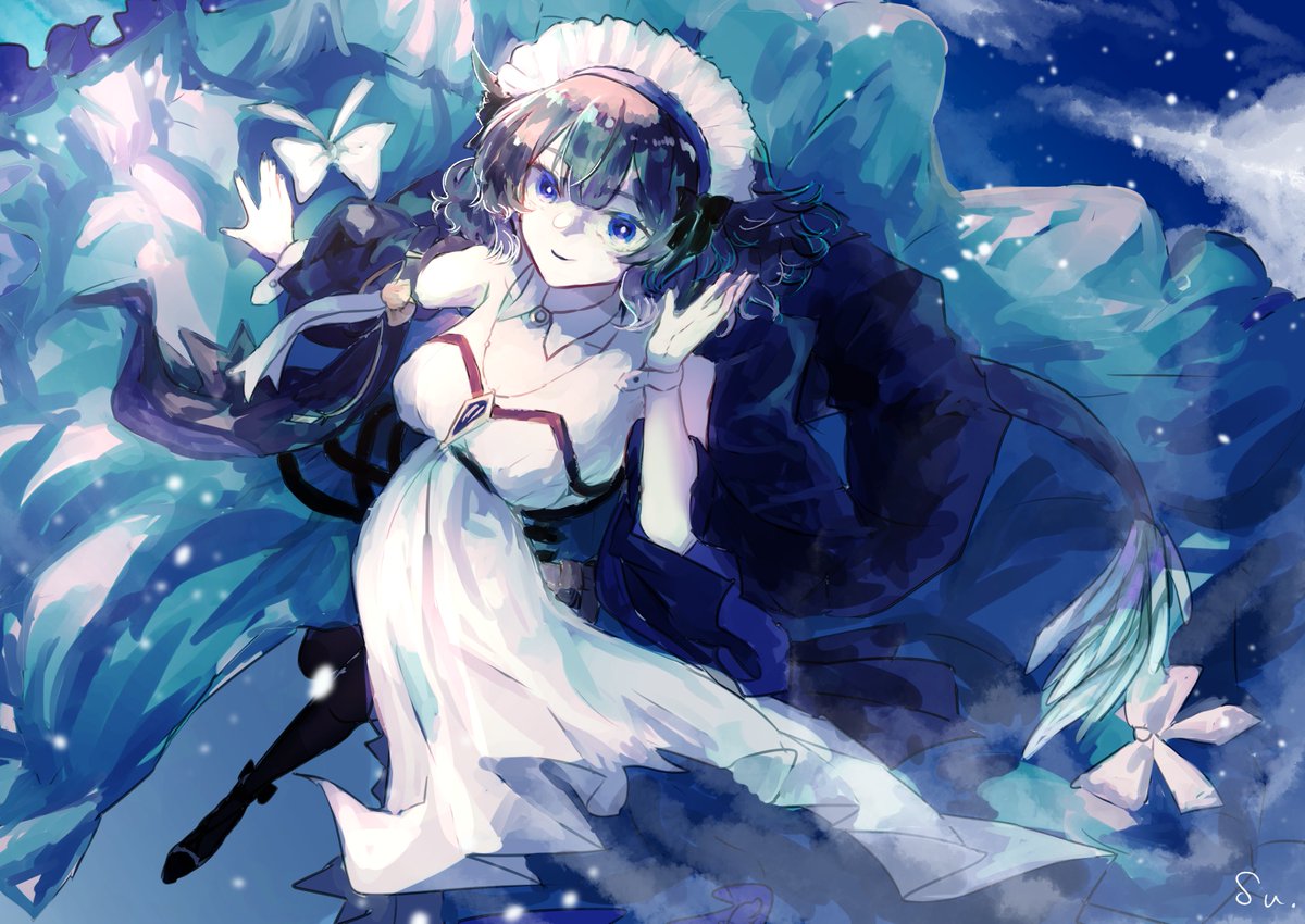 1girl solo blue eyes dress mermaid maid headdress smile  illustration images