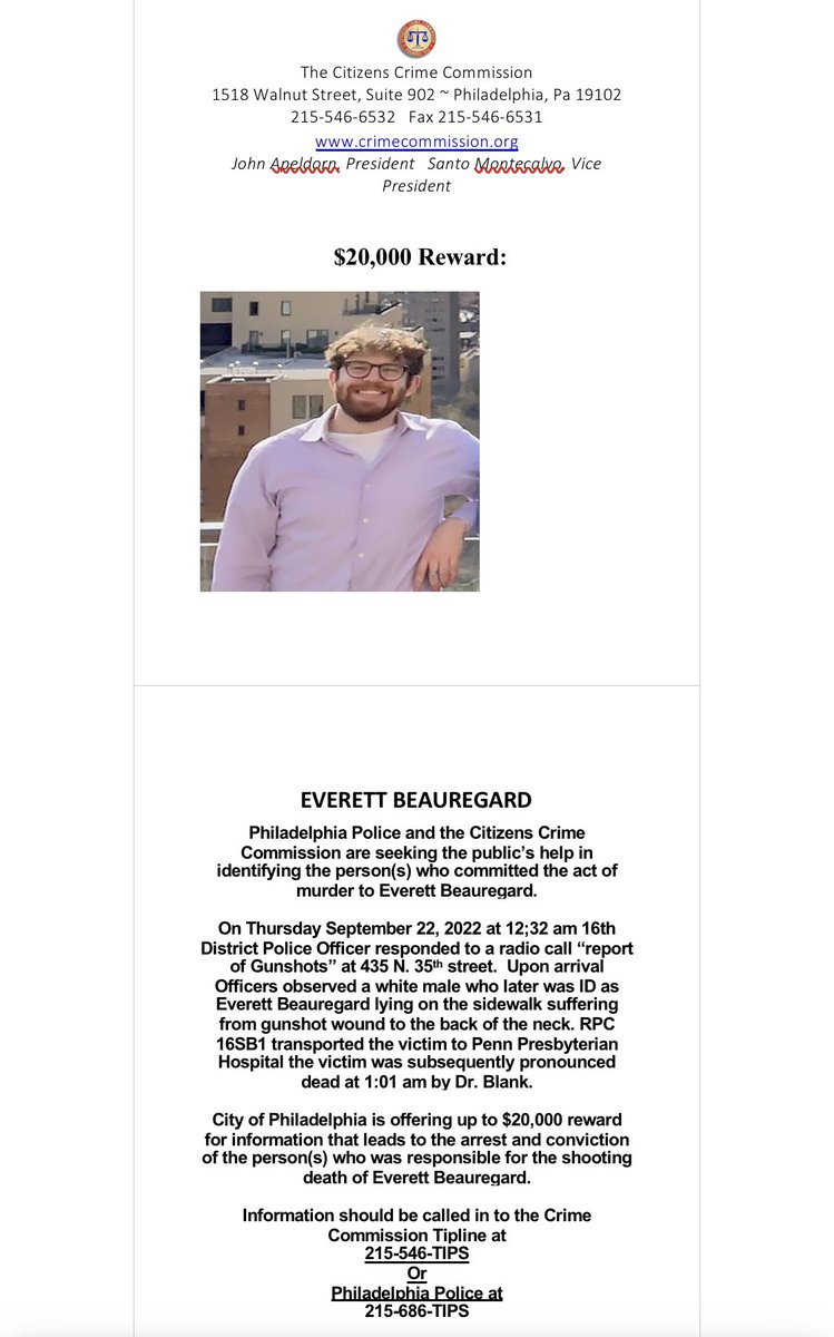 339turningpoint's tweet photo. Still looking for the person who shot and killed our son and brother, Everett in an unprovoked attack. If you have any information about this please call the number listed. See video in profile. Please retweet.@PhillyPolice @Philly @CongBoyle @339turningpoint @PhiladelphiaDA https://t.co/uAwdIzy6Sv