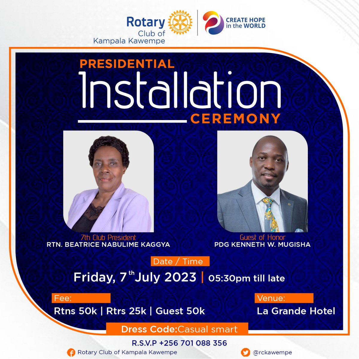 The Amazing president together with members and friends of the rotary club of Kampala kawempe wish to invite rotarians, rotaractors and guests to our presidential installation for the year 2023/24. This will be an occasion of celebration of service and creating hope.