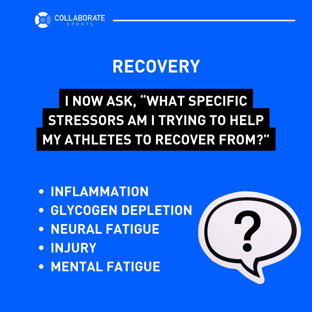 Recovery is primarily about the big rocks Sleep Hydration Refuelling Beyond that, you should be getting into the details around the specific recovery problems you are trying to solve What’s physical responses to load are you trying to recover your athletes from? 👇 1/2