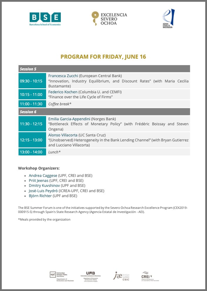 Looking forward to an exciting two days of our "Financial Shocks, Channels, and Macro Outcomes" #BSEForum Workshop starting tomorrow. If you're around, come stop by!
<a href="/bse_barcelona/">Barcelona School of Economics</a>