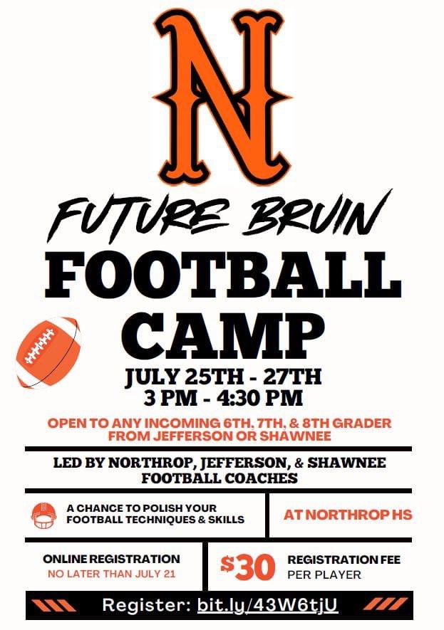 Jefferson_Pats's tweet photo. The Northrop Football Coaches are partnering with Jefferson Football Coach Schoenle and Shawnee Football Coach Weese to host the first Future Bruin Camp. 

Register here: https://t.co/nuAVQtMsaH

#FutureBruins @FWCommSchools https://t.co/cZW8MunWoV
