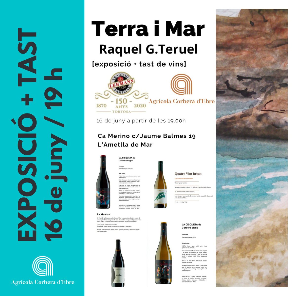 Maridant art 🖼️ i vi 🍷

🗓️ 16 de juny
🕖 19.00 h
📍 Ca Merino - L’Ametlla de Mar

Per gaudir amb tots els sentits!

#artivi #maridatge #doterraalta