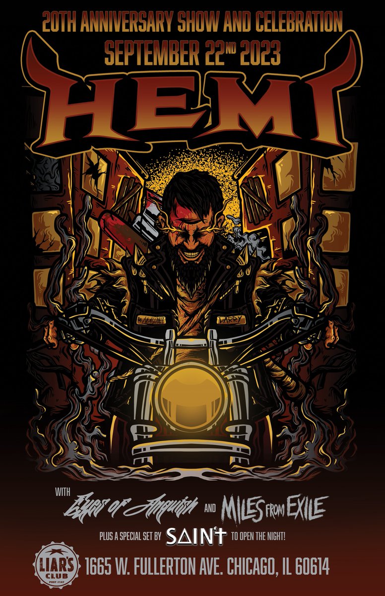 #HEMI20 is set and is going to be the most memorable show in the band’s history as we celebrate 20 YEARS of HEMI!

Block your calendars now for SEPTEMBER 22nd 2023 as HEMI is joined by Eyes of Anguish, Miles From Exile, and SAIN’t at the world famous Liar's Club!

Don’t miss out!