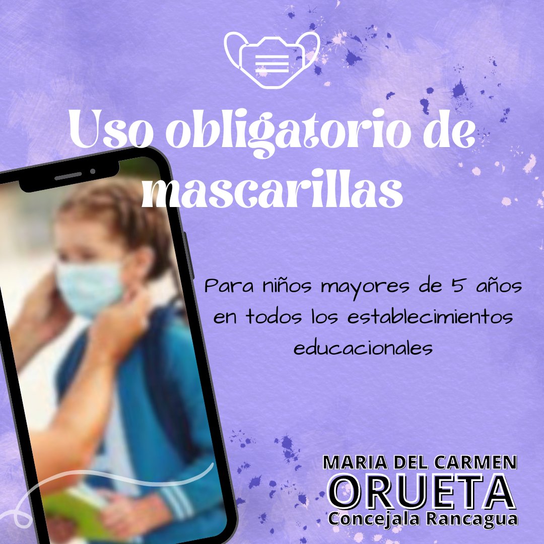 Desde hoy miércoles 14 de junio hasta el 31 de agosto se estableció que el uso de mascarilla en establecimientos educacionales es de carácter obligatorio.

#CaminemosJuntos #OruetaXRancagua #OruetaConcejal