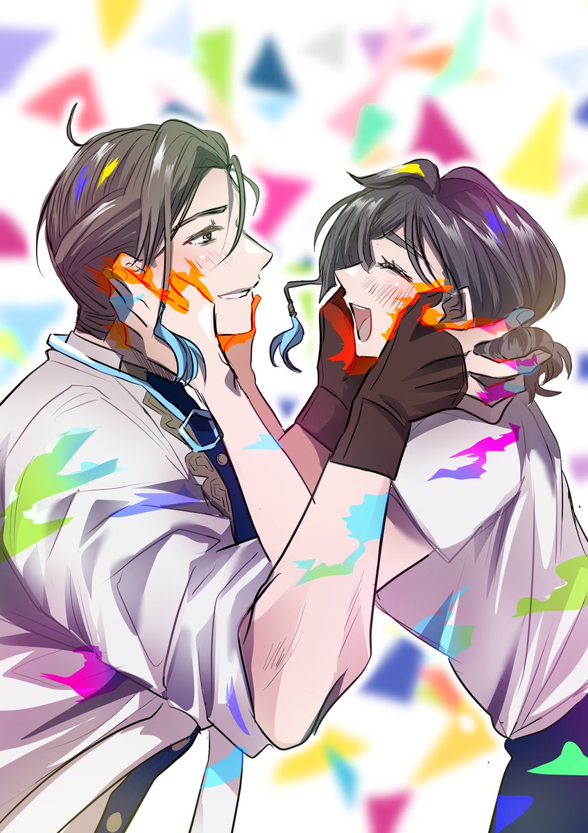 1girl 1boy hands on another's face gloves blush closed eyes smile  illustration images