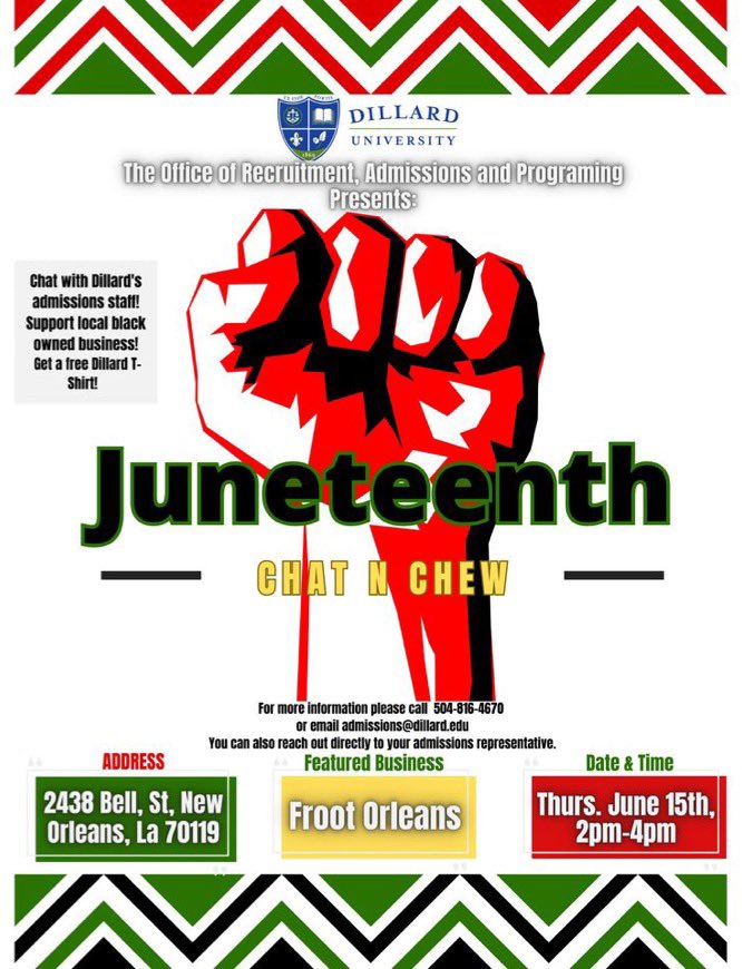 Don’t miss out on our Chat N Chew sessions celebrating Juneteenth! Tomorrow <a href="/2pm/">Two O'clock</a> at Froot Orleans!! All admitted students are welcome. hope to see you there!