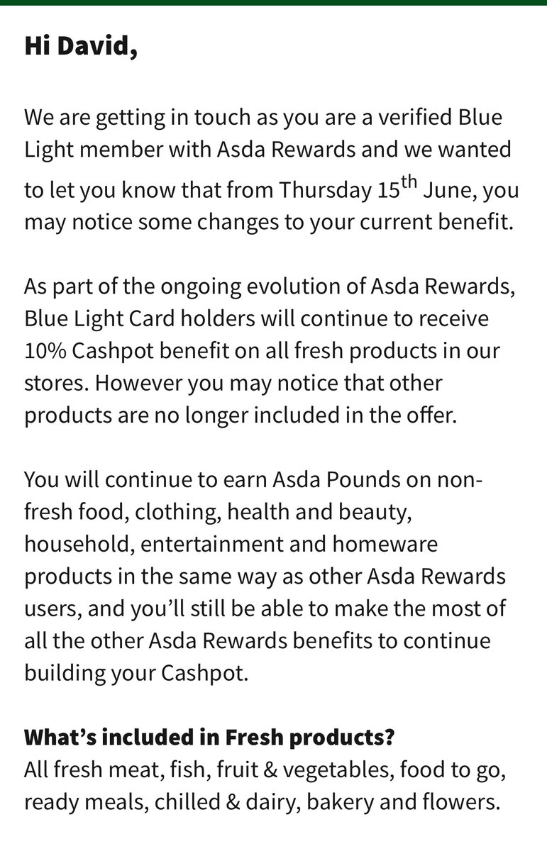 So ASDA went from giving Blue Light Card members 10% off their total shop, to giving them 10% back into their “Cashpot”, and now only virtual money back on a VERY SPECIFIC group of products? 

VERY GOOD, EH?