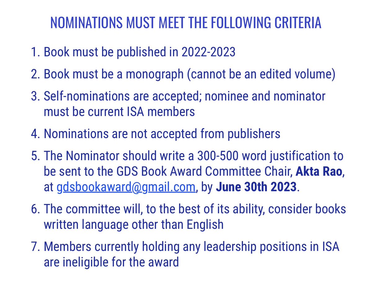 ✨📢 Call for Nominations for the ISA Global Development Section Book Award! Due by June 30th. For more details, please click here: gdsisa.org/gds-book-award #ISA2024 #development @GlobalDev_ISA
