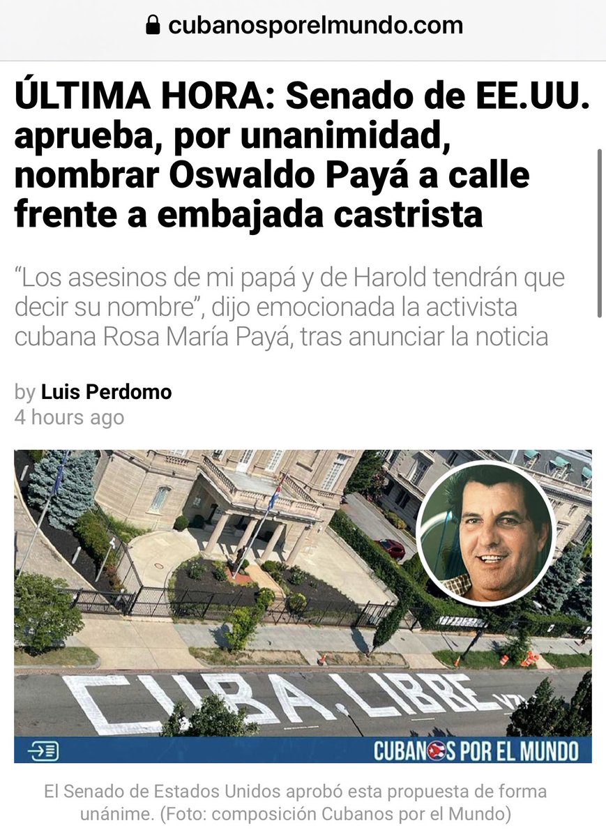 Como voy a disfrutar cuando el embajador y el cuerpo diplomático tengan que escribir en su correspondencia la dirección de la Embajada de Cuba en Washington y aparezca el nombre de “Oswaldo Payá Way”
Eso les pasa por asesinos.
<a href="/CubaMINREX/">Cancillería de Cuba</a> <a href="/BrunoRguezP/">Bruno Rodríguez P</a> <a href="/DiazCanelB/">Miguel Díaz-Canel Bermúdez</a> <a href="/leticiadeCuba/">Leticia Martínez</a>