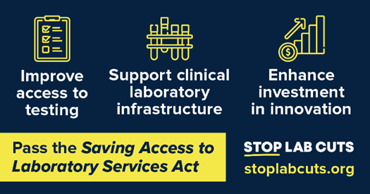 Passing the Saving Access to Laboratory Services Act (SALSA) will protect patient access to testing, critical clinical laboratory infrastructure and innovation in tomorrow’s diagnostics. Learn more and tell Congress to #StopLabCuts: stoplabcuts.org. #Labvocate