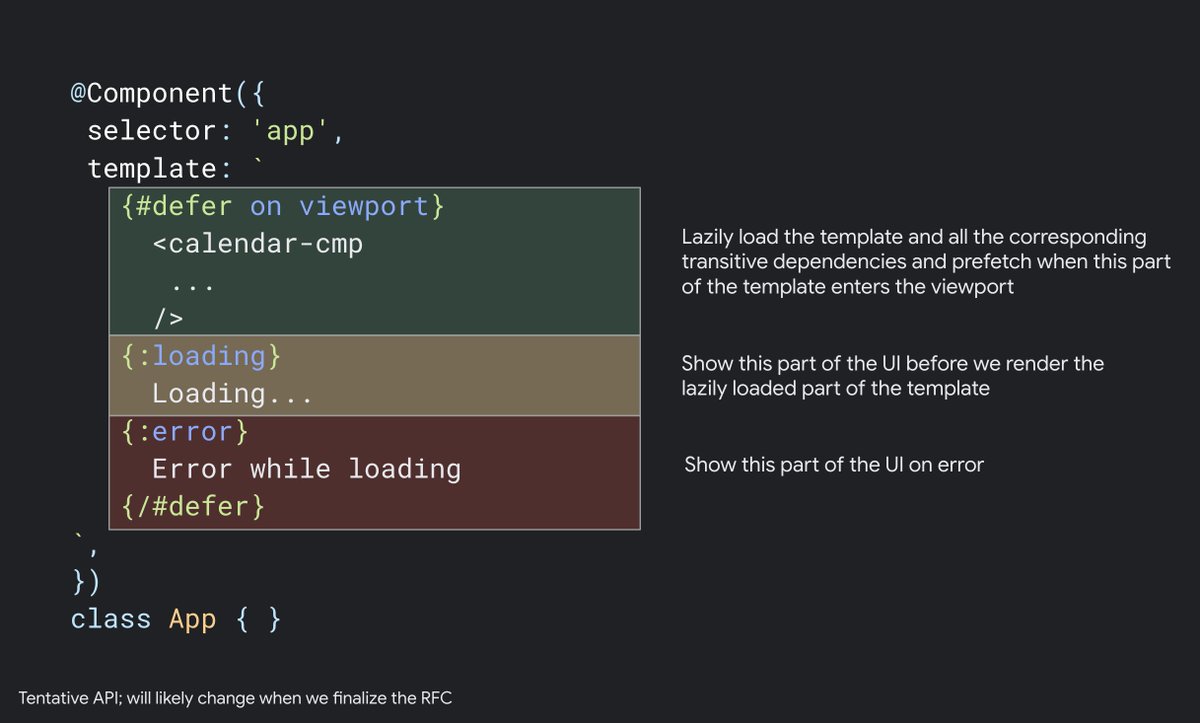 📣 During the <a href="/ngconf/">ng-conf</a> keynote today we shared a new RFC for built-in declarative lazy loading that allows you to:

‣ Lazily load part of your template and all transitive dependencies
‣ Specify *declaratively* when to prefetch and render the block 🔥

github.com/angular/angula…
