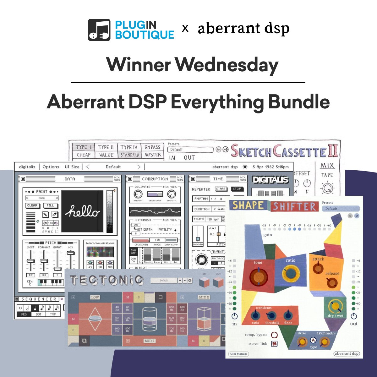 PluginBoutique's tweet image. We have partnered up with @AberrantDsp to give you the chance to win their Everything Bundle😱 🎉
​
To enter, simply follow us - 
@PluginBoutique 

 &amp;amp; retweet this tweet!
​
​The winners will be announced next Wednesday.