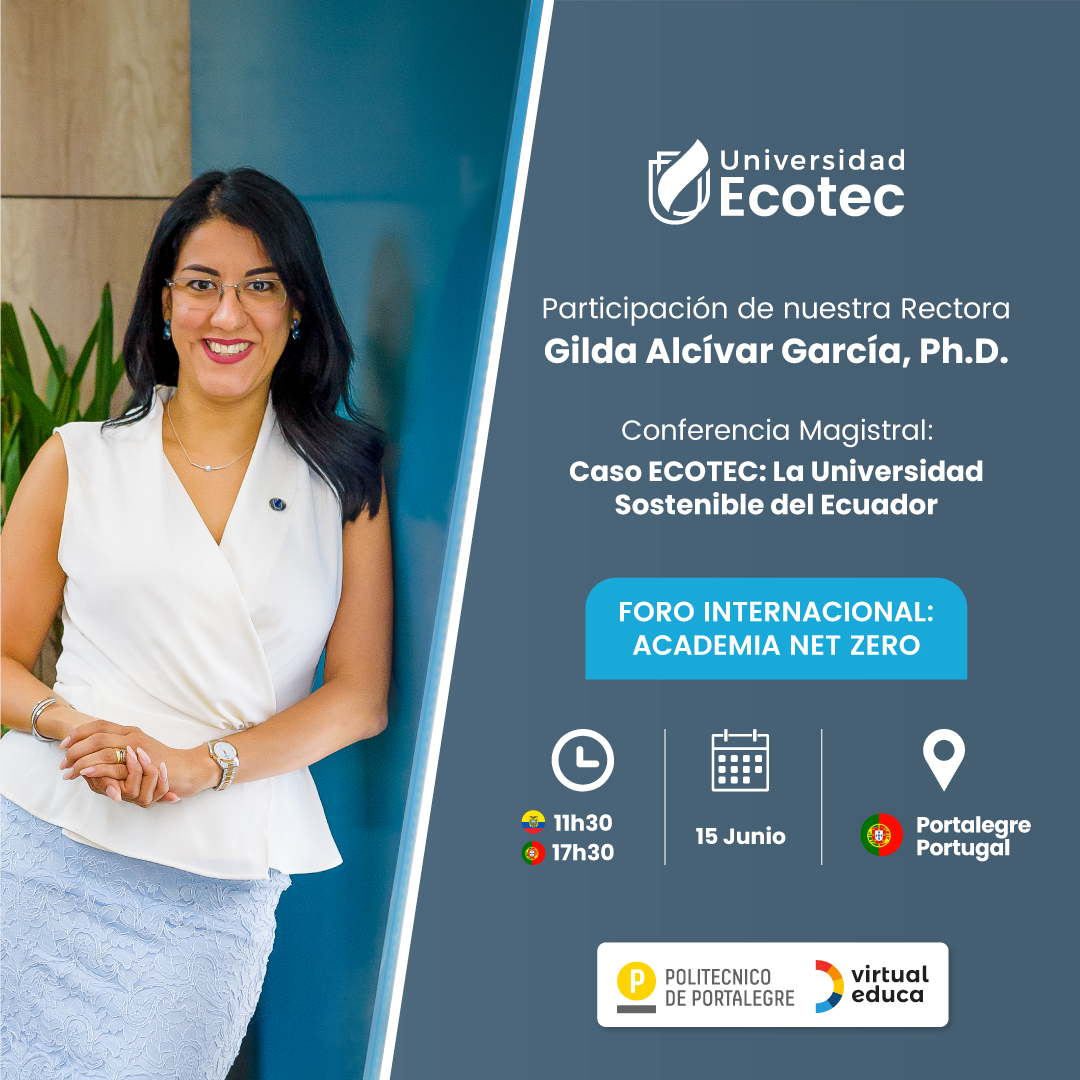 UnivEcotec's tweet photo. Este jueves 15 de junio nuestra Rectora, la Dra. @GildaAlcivarG participa en la Conferencia Magistral "Caso #ECOTEC: La Universidad Sostenible del #Ecuador" 🤩 como parte del Foro Internacional: Academia Net Zero en #Portugal 🇵🇹. https://t.co/ZduP9VTGxp