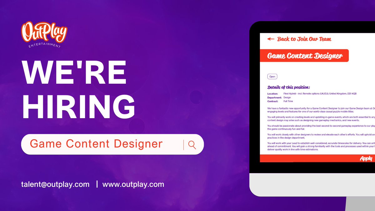 outplayent's tweet photo. Are you ready to level up your game design skills? We're seeking a Game Content Designer to join our team.
If you would like to apply, you can do so here ๐ https://t.co/Kbt3kMTlsW
#GameContentDesigner #GamingIndustry #OutplayEntertainment #Outplay #JobsInGames #GamingJobs https://t.co/OVUxXiee9A