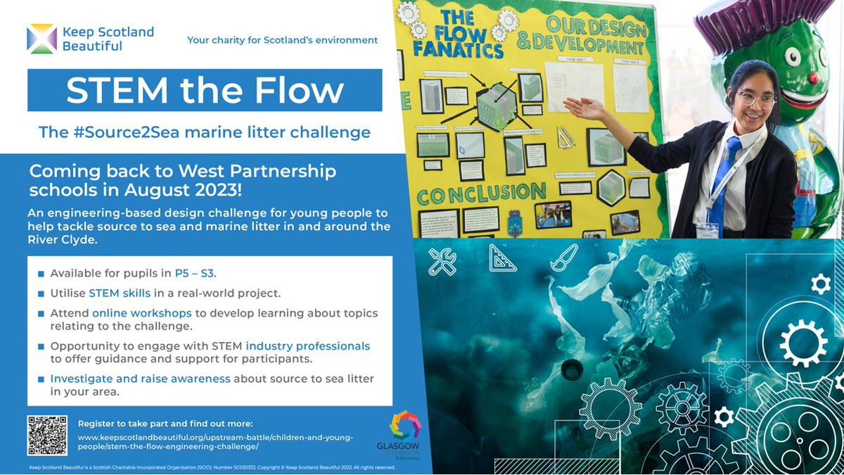 STEM the Flow engineering competition launching in August 2023!!📢

✨Keep Scotland Beautiful are once again running their unique STEM challenge all about plastic pollution✨ 

FIND OUT MORE➡️keepscotlandbeautiful.org/upstream-battl… 

#TheWestPartnership #Source2Sea