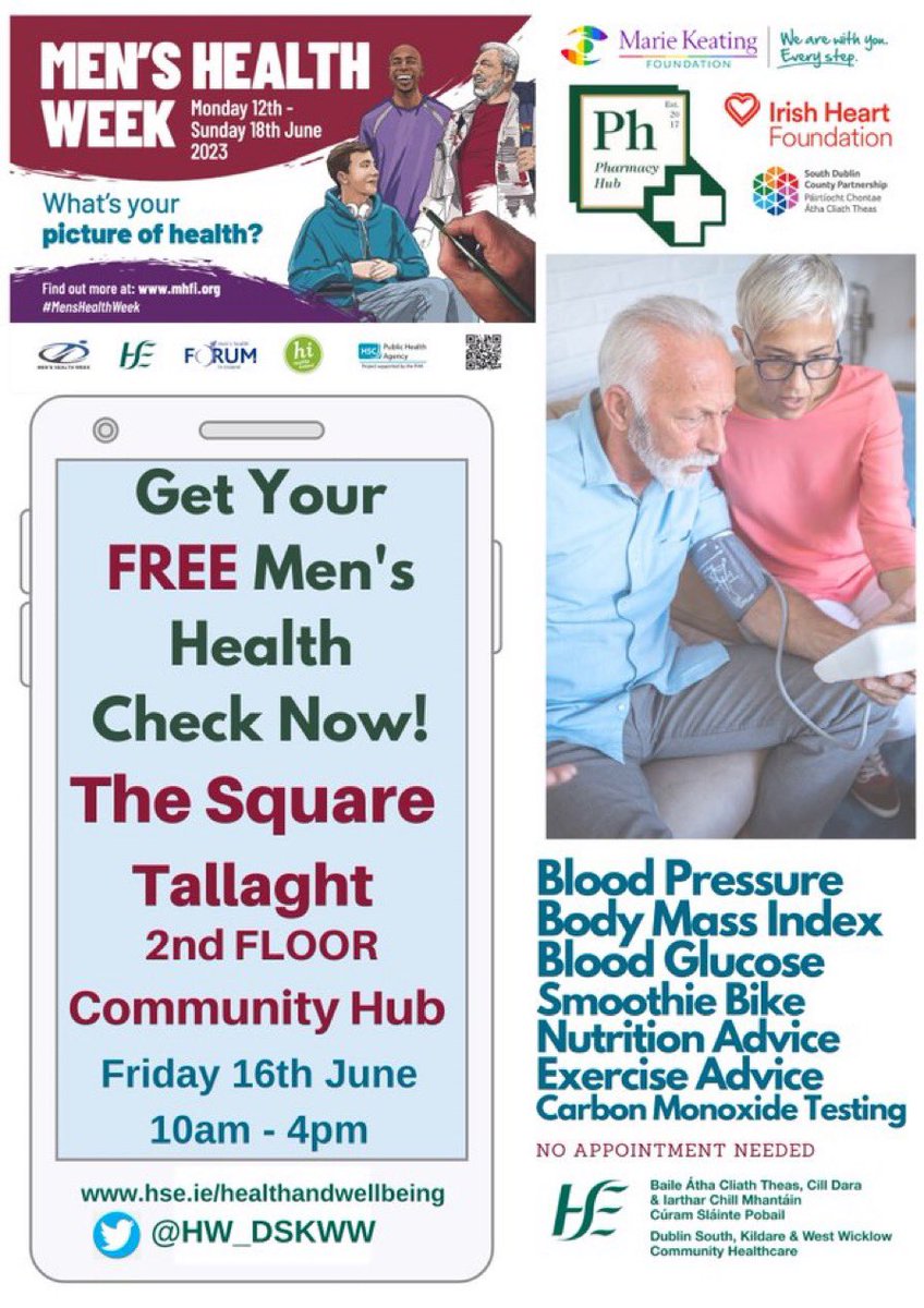 Looking forward to our collaborative Men’s Health Event this week in Tallaght for #MensHealthWeek2023 - Free Men’s Health Checks, alongside Health and Screening awareness and more . @HW_DSKWW @MarieKeating @Irishheart_ie