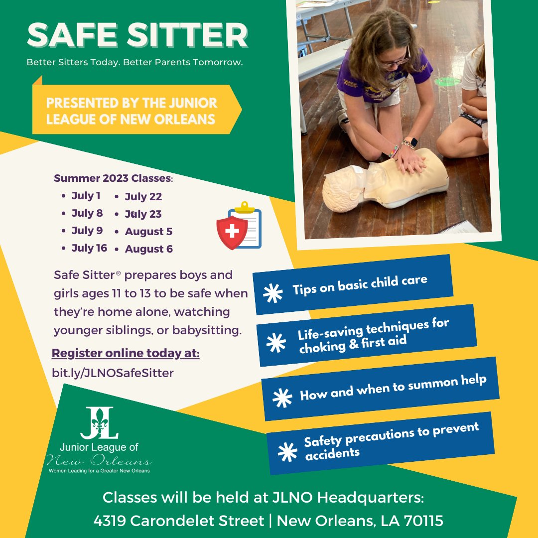 Registration for #JLNOs SAFE SITTER® is live! Boys &amp; girls ages 11 to 13 will learn how to be safe when they’re home alone, watching younger siblings, or #babysitting. Classes begin July 1. For the best availability, sign up your kids today at jlno.org/safe-sitter.