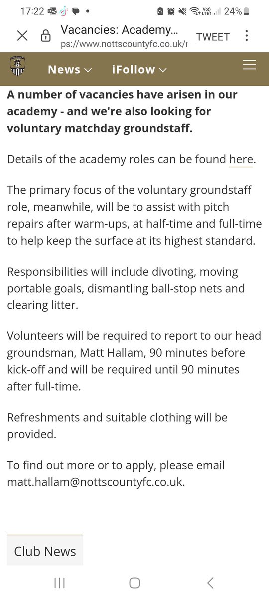 We are looking for voluntary matchday groundstaff to help us keep the pitch in good condition during matchdays at Meadow Lane. Please email matt.hallam@nottscountyfc.co.uk if interested. I will be reviewing  applications next week👍