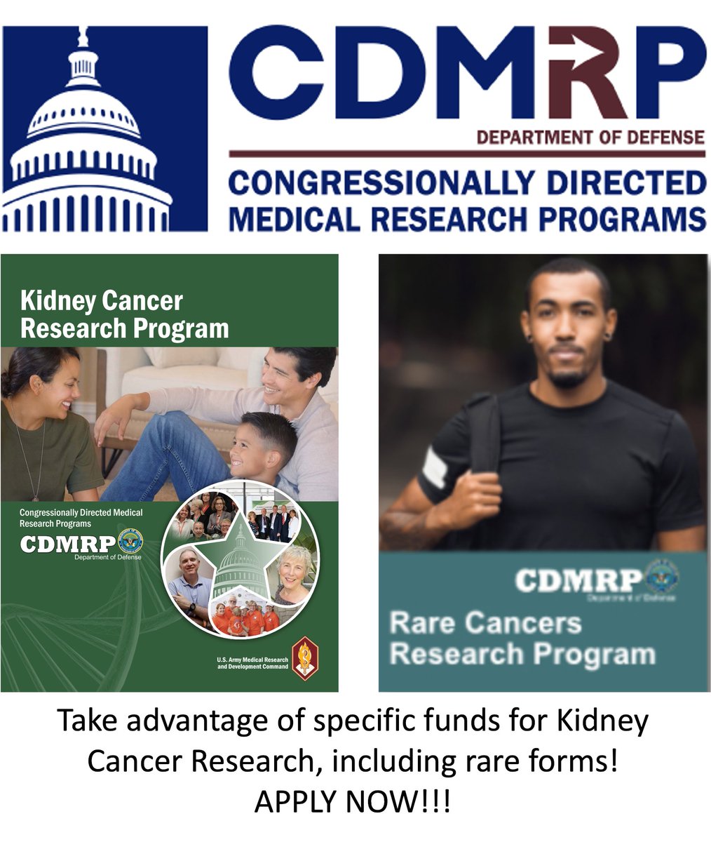 You can now apply for #kidneycancer research funding at TWO @CDMRP programs:

#KCRP 👉 cdmrp.health.mil/funding/kcrp
#RCRP 👉cdmrp.health.mil/funding/rcrp

Kidney Cancer Research Program - $50 M
Rare Cancers Research Program - $17.5 M

Take advantage of both! #unstoppabletogether