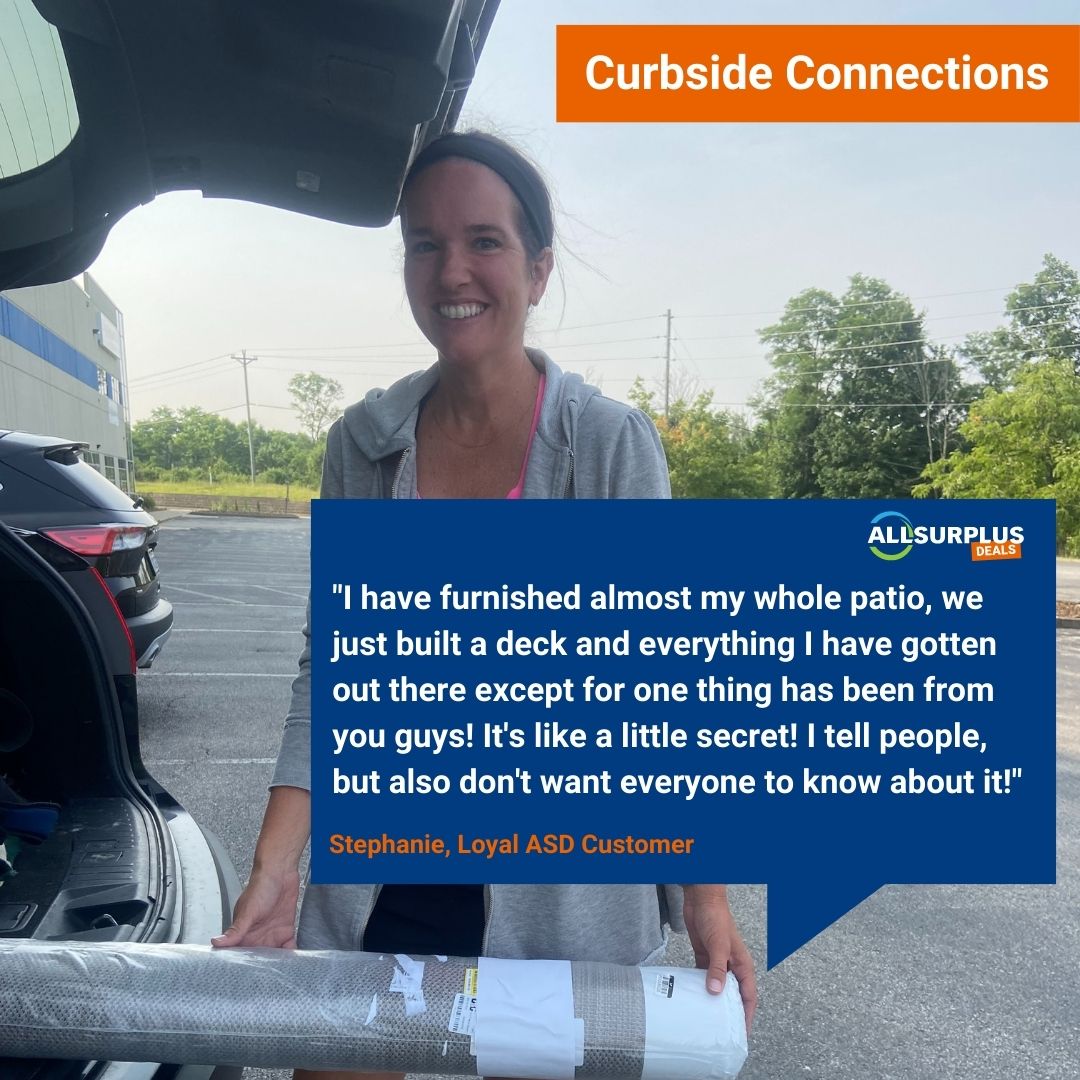 🎙️Word is spreading quick about AllSurplus Deals! Stephanie recently put the finishing touches on her new outside space with a fabulous rug! 🔆

We LOVE connecting with our customers at pick up! 

#AllSurplusDeals #ShopSmart #SaveBig #CurbsideConnections