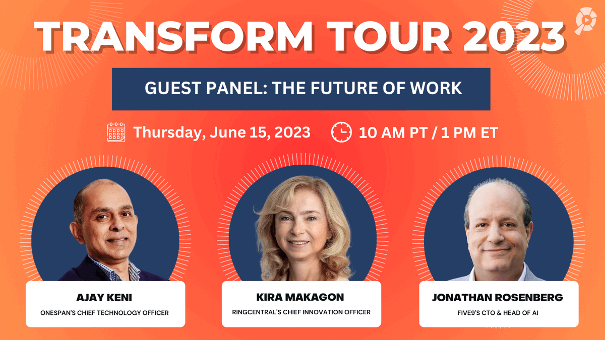 Join #Five9 CTO, @jdrosen2, for a guest expert panel at #TransformTour23 for a discussion about The Future of Work — How Generative #AI Changes Everything. Register now! @AragonResearch1 spr.ly/6012OQSpr