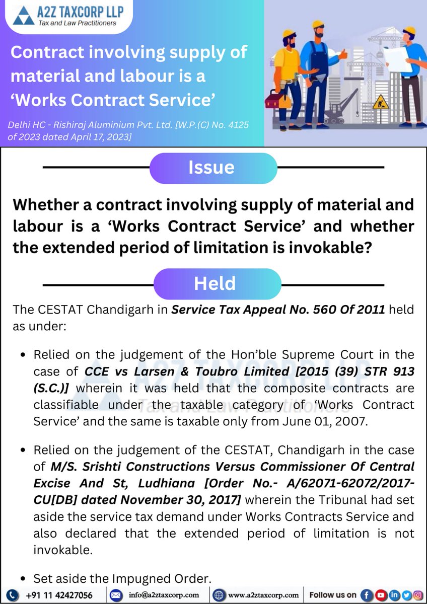 BimalGST's tweet photo. 🔰 Contract involving supply of material and labour is a ‘Works Contract Service’
🔖 For Complete Newsletter: https://t.co/Aa37GWZ7QB
#contract | #supply | #Labour | #workscontract | #GSTwithBimalJain | #a2ztaxcorpllp https://t.co/PG1ZhNXmyN
