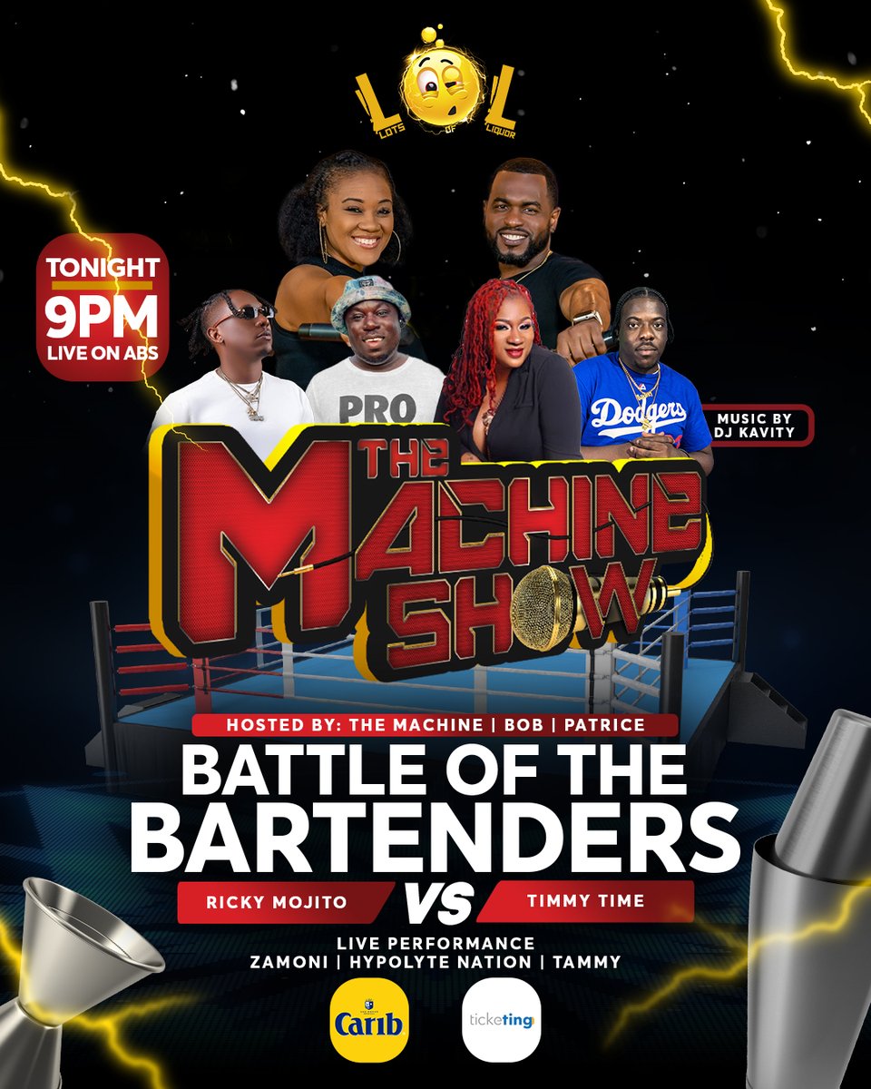 MarketinMachine's tweet photo. Enjoyed last week's show with @songbird_trice?! Weโre back again TONIGHT on ABS at 9:00 PM for Battle of the Bartenders! ๐ท๐ท
Live performances by Zamoni, Hypolyte Nation & Tammy ๐ท
#LOL #LotsOfLiquor #BattleOfTheCrews #RoadToLOL #June24 https://t.co/whrOB5eJan
