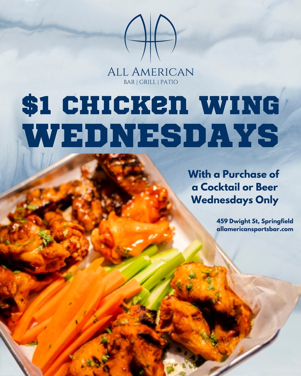 allamerican413's tweet photo. What a lineup we've got for y'all this week:

Today: $1 Chicken Wing Wednesdays
Tomorrow: Thirsty Thursday
Friday: All American After Dark with DJ Ohmz
Saturday: Brunch Party with DJ Prince
Saturday: Hot Wing Contest @ 2pm
Saturday: All American After Dark with DJ Hope https://t.co/eouI1qHFbt
