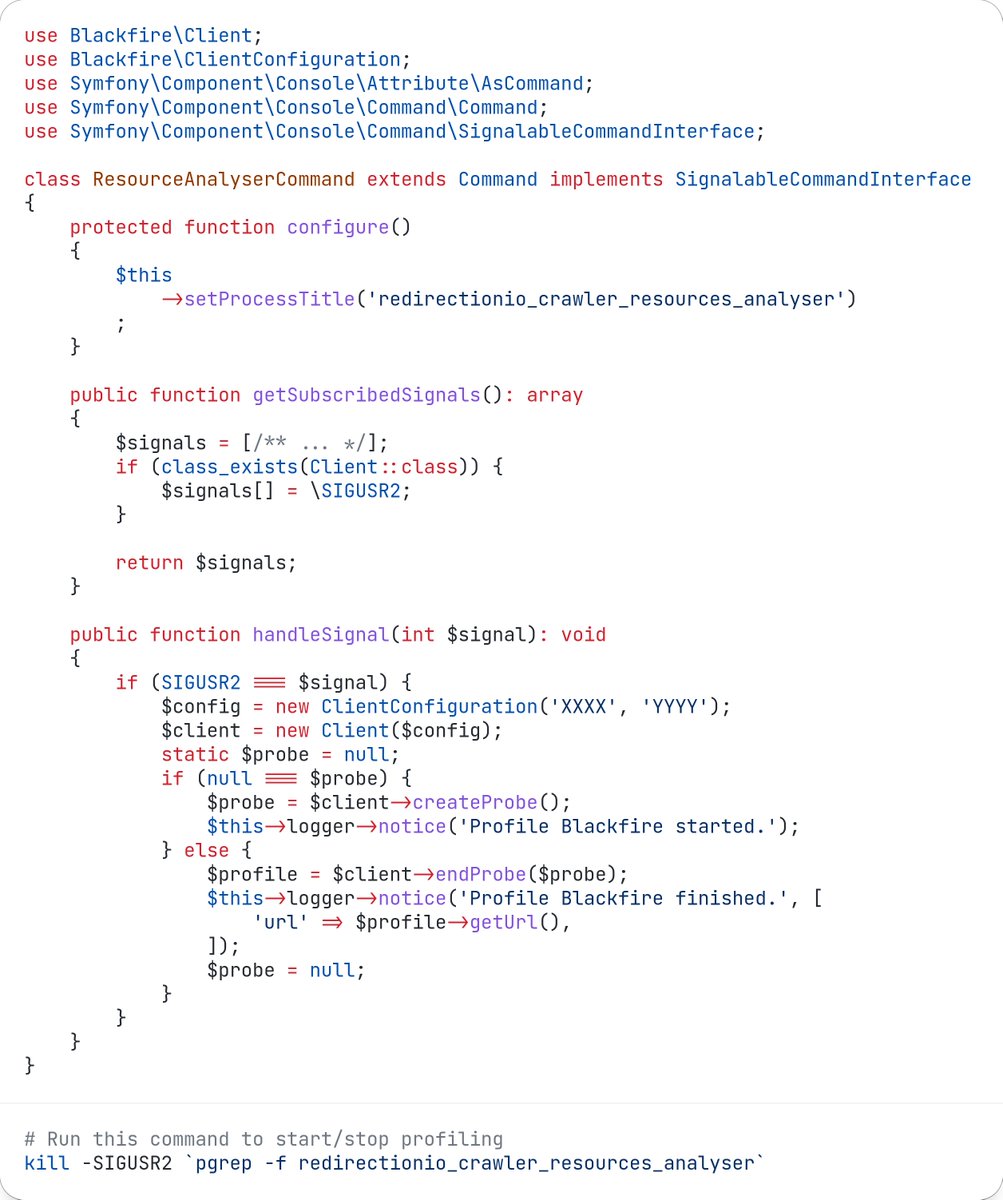 lyrixx's tweet image. How to trigger @blackfireio profiling of a worker when it&apos;s already running? With signals!