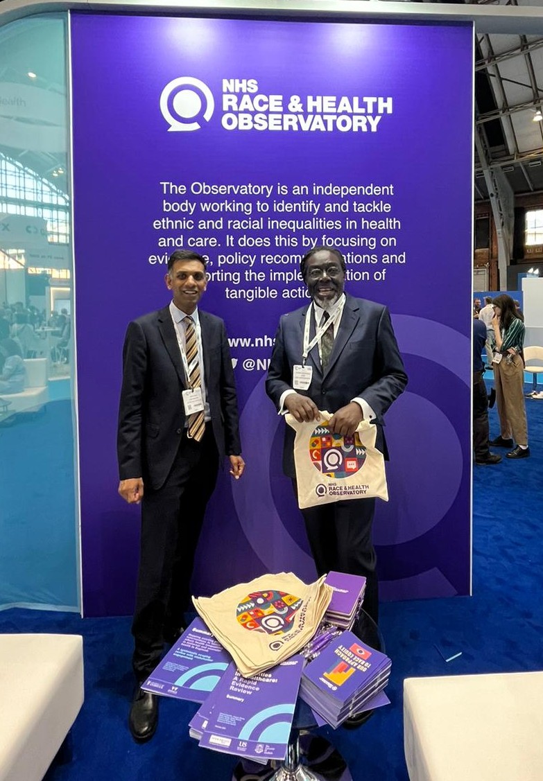 A fantastic first day at #NHSConfedExpo. Our CEO <a href="/DrHNaqvi/">Dr Habib Naqvi MBE</a> and Vice-Chair <a href="/Voa1234/">Victor Adebowale</a> were at our stand talking to delegates about our work on race equity. Do come and find us tomorrow to learn more.