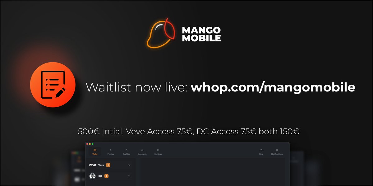 Welcome to the Future of Veve Botting. 💥

After 1.5 Million Checkouts &amp; hundreds of thousands of cashed out gems we are available to the Public for the first time. 💎

Sign up now on whop.com/mangomobile for a chance to join the best Veve &amp; DC Bot on the market - Period.