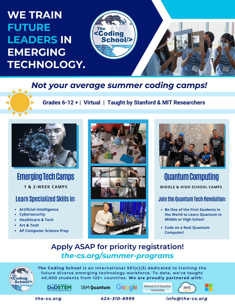 iambbinc's tweet image. Join The Coding School & Qubit x Qubit for virtual coding Summer Camp offering AI, quantum computing, cyber security, art+tech, & web development skills for 6th-12th graders. Apply now & become a future tech leader! #SummerCodingCamp #coding #STEM #BuildingBridgesInc #Summercamp