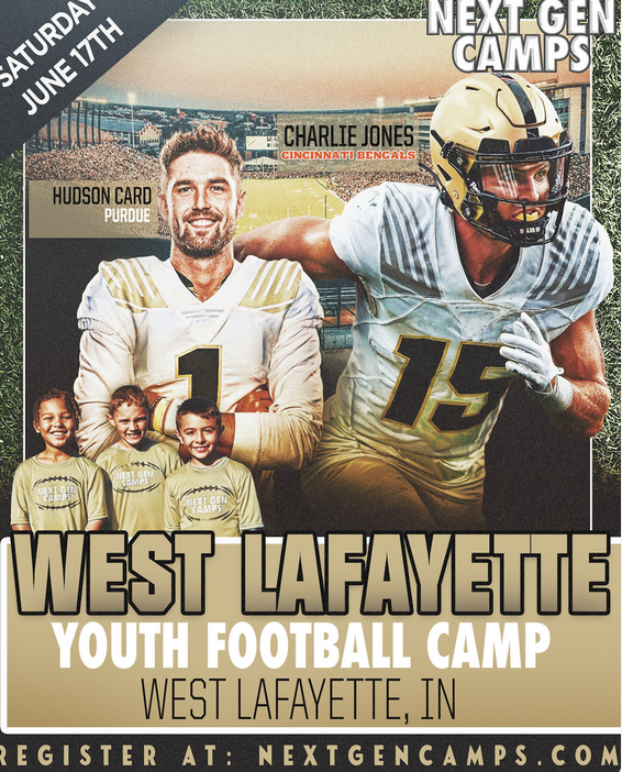 Hudson Card and Charlie Jones will conduct a youth football camp for kids 6-18 on Saturday, June 17, from 1-5 p.m. ET at West Lafayette High School. Follow the link below to register. nextgencamps.com/west-lafayette…