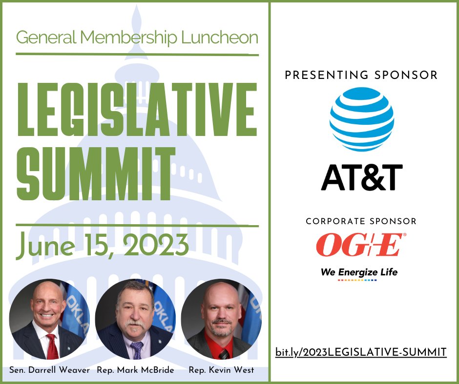 IN CASE YOU MISSED IT: We still have a few slots open for tomorrow's annual Legislative Summit luncheon... join us!

Thank you presenting sponsor <a href="/ATT/">AT&T</a> &amp; corporate sponsor <a href="/OGandE/">OG&E</a>!

Register here: bit.ly/2023LEGISLATIV…