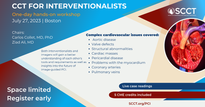 Unique chance to learn how #YesCCT helps #interventionalists assess & treat many complex #CV issues. 1-day @heart_SCCT workshop:
· Hands-on case review
· 5 CME credits
· Expert faculty presentations @ColletCarlos @ziadalinyc @JonathonLeipsic @bouissetfred
scct.org/pci