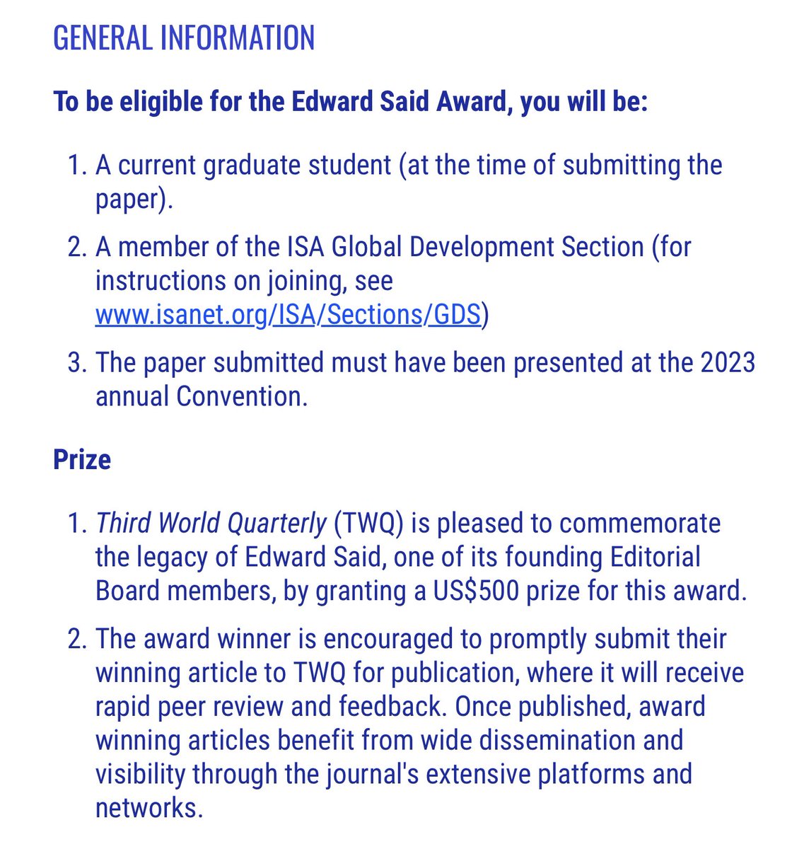 ✨📢 Call for Nominations for the ISA Global Development Section Edward Said Award! Due August 11. For more details, click here: gdsisa.org/edward-said-aw… #ISA @GlobalDev_ISA