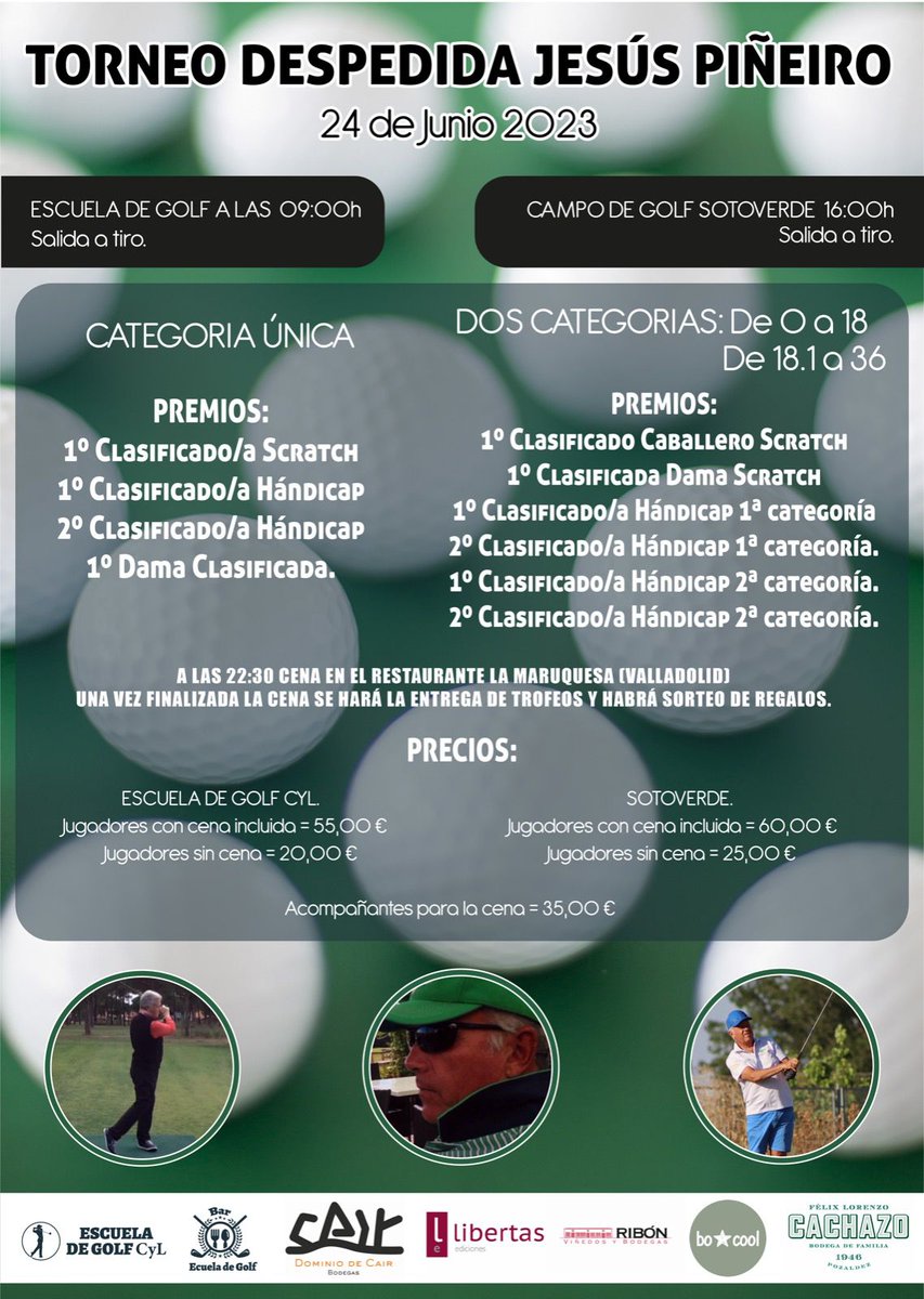 Bodegas Ribón será uno de los patrocinadores del Torneo de Golf que se celebrará el próximo Sábado 24 de Junio 2023 en la Escuela de Golf y en el Campo de Golf de Sotoverde en homenaje al profesor Jesús Piñeiro. Salud y felicidad en tu nueva andadura!! Gracias por tu amistad!!