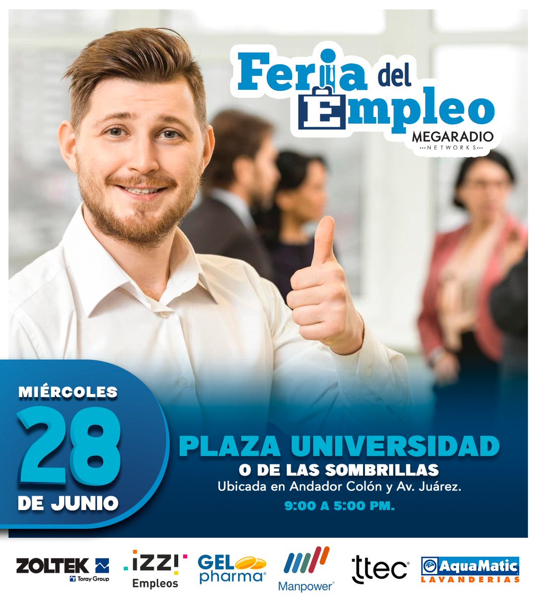 🚧 ¿Estas sin trabajo? 🚧

Asiste a nuestra feria del empleo donde podrás conocer vacantes de las mejores empresas, este 28 de junio de 09:00 am a 05:00 pm en Plaza Universidad o plaza de las sombrillas.

#FeriadelEmpleoMegaradio