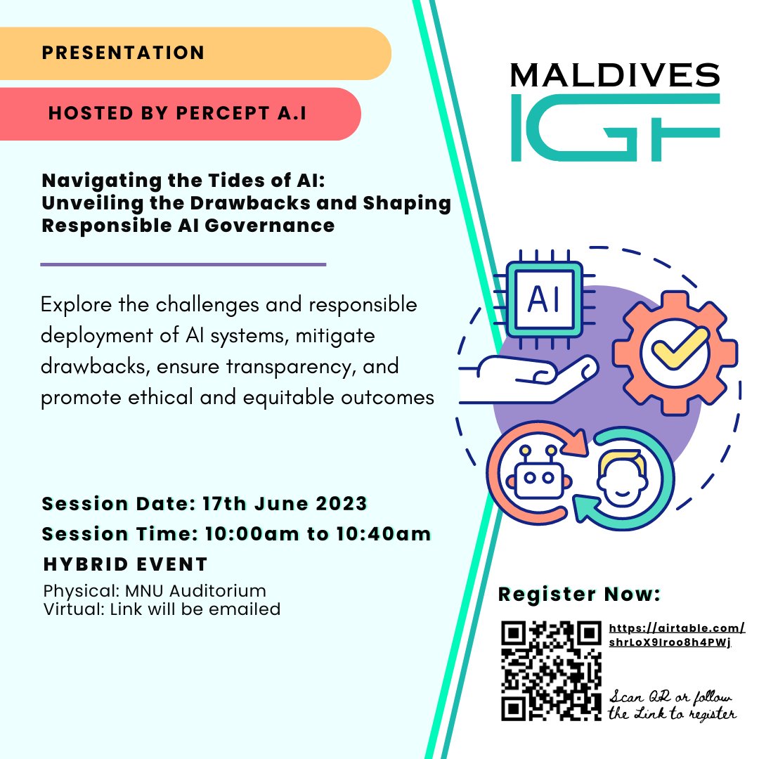 🎤🤖 Join PERCEPT A.I's presentation on 'Navigating the Tides of AI' to learn about responsible deployment &amp; ethical outcomes. Discover how to mitigate drawbacks, ensure transparency, and shape responsible AI governance.

Register Now: airtable.com/shrLoX9Iroo8h4…

#MVIGF2023 #MVIGF23