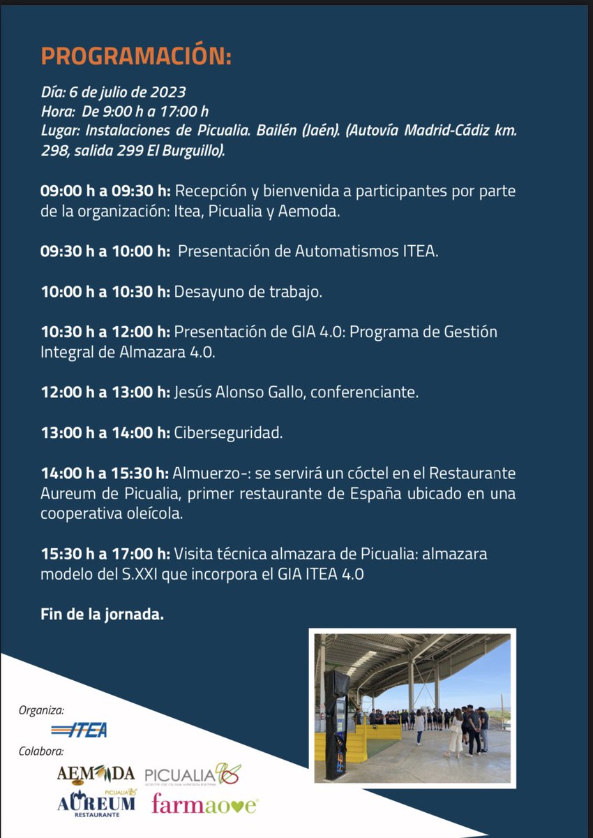 FORMACIÓN | I Congreso GIA ITEA 4.0 dirigido a maestros, operarios y responsables de 
#Almazara 
Lugar: @picualia 
Día: 6 de julio de 2023 
Programa e inscripciones: automatismositea.com 
#aove #automatismositea