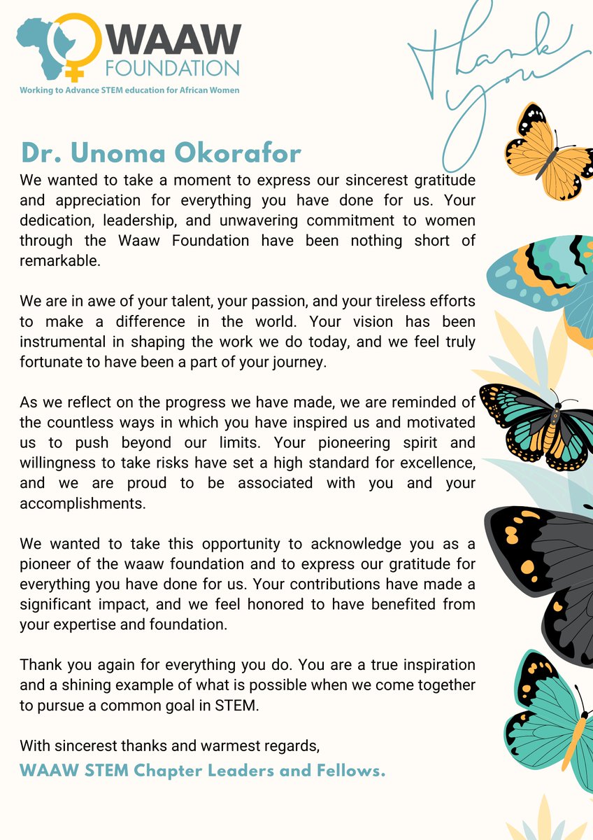 WAAW_Foundation's tweet photo. An open letter from WAAW Scholarship recipients and volunteers for our College to Secondary Outreach program to our Founder, Unoma Okorafor Ph.D. after the 2023 #FellowsSummit😊
#waawfoundation #stemeducation #girlsinstem #womeninstem #africa #girlchildeducation #nonprofit https://t.co/i1LjEgzPKl