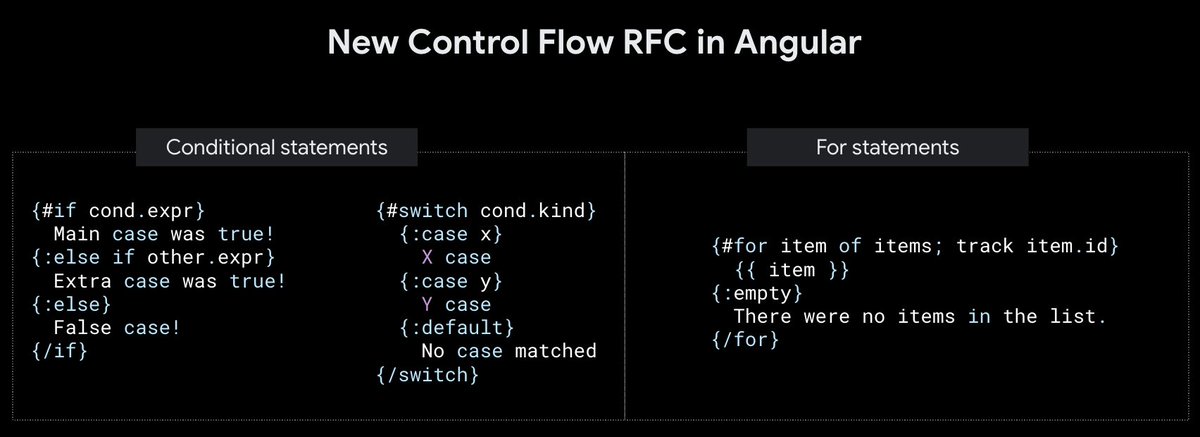 mgechev's tweet image. One more announcement during the @ngconf keynote today! Proposal for an improved, more intuitive control flow with better tooling support.
We'd love to hear your thoughts in the GitHub discussion of the RFC here github.com/angular/angula…