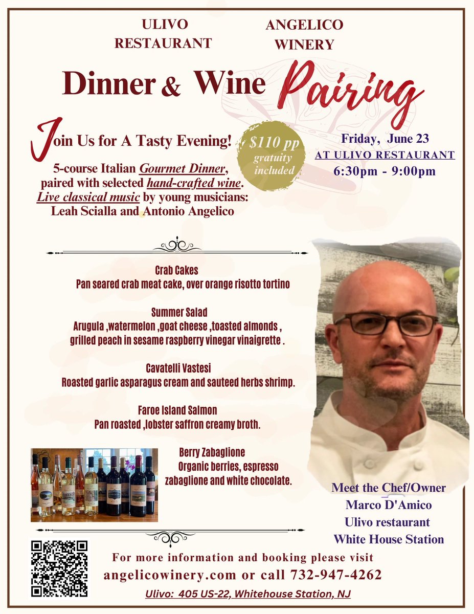 LlcWinery's tweet photo. Dinner &amp; Wine Pairing! Friday 6/23, at Ulivo restaurant.  Calling ALL seafood lovers!!!  5-course gourmet Italian seafood dinner, hand-crafted wines, and live classical music!  See you soon! 
Get your tickets at: https://t.co/QAn0zs5EZ4
#wine#dinner#seafood#wineandfoodpairing https://t.co/UwsAU4XH6Y
