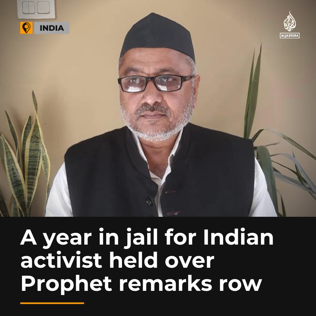 AJEnglish's tweet image. An Indian activist has been jailed for a year without trial, accused of orchestrating protests against India&apos;s ruling party&apos;s derogatory remarks on Prophet Muhammad.

🔗: aje.io/rwm3sn