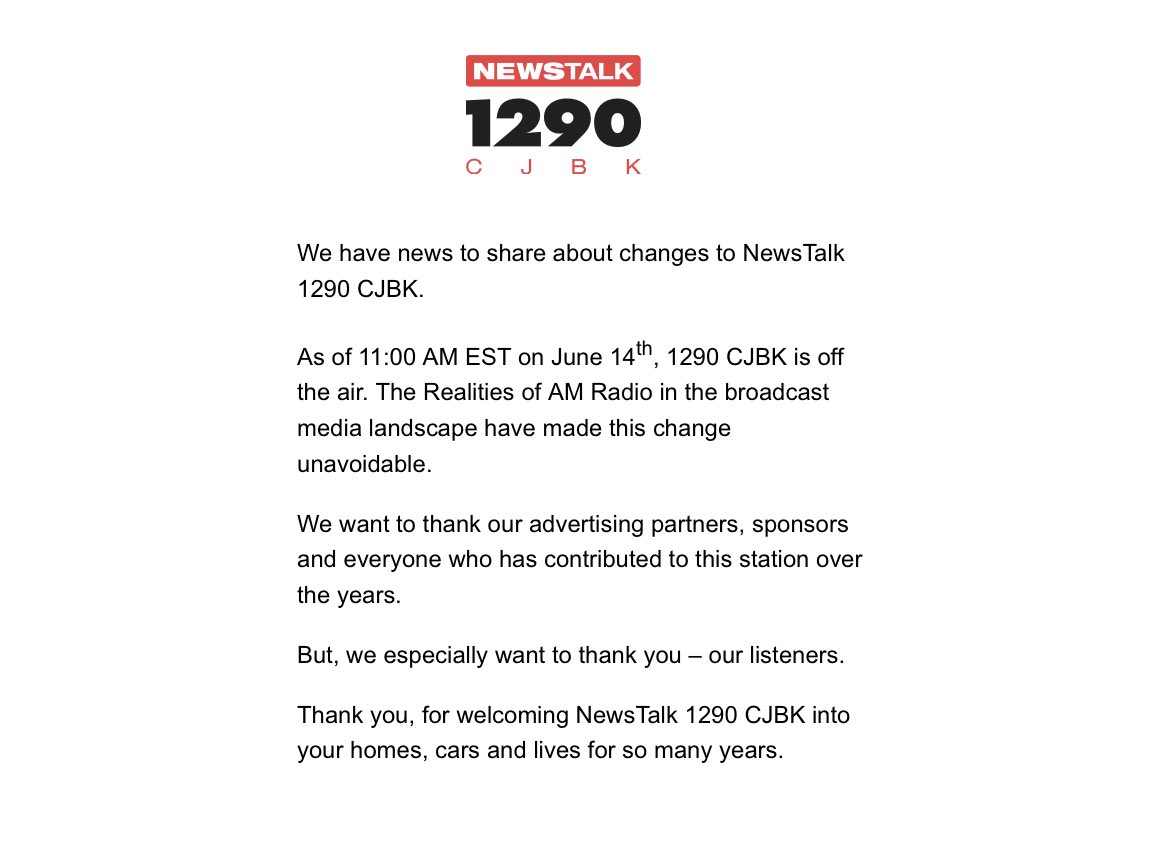 AM 1290CJBK from #LondonOn abruptly signed off at 11:00am, and deleted their social media accounts.
Sounds like 1300 employees from multiple stations being laid off. 
Wow.

iheartradio.ca/newstalk-1290-…